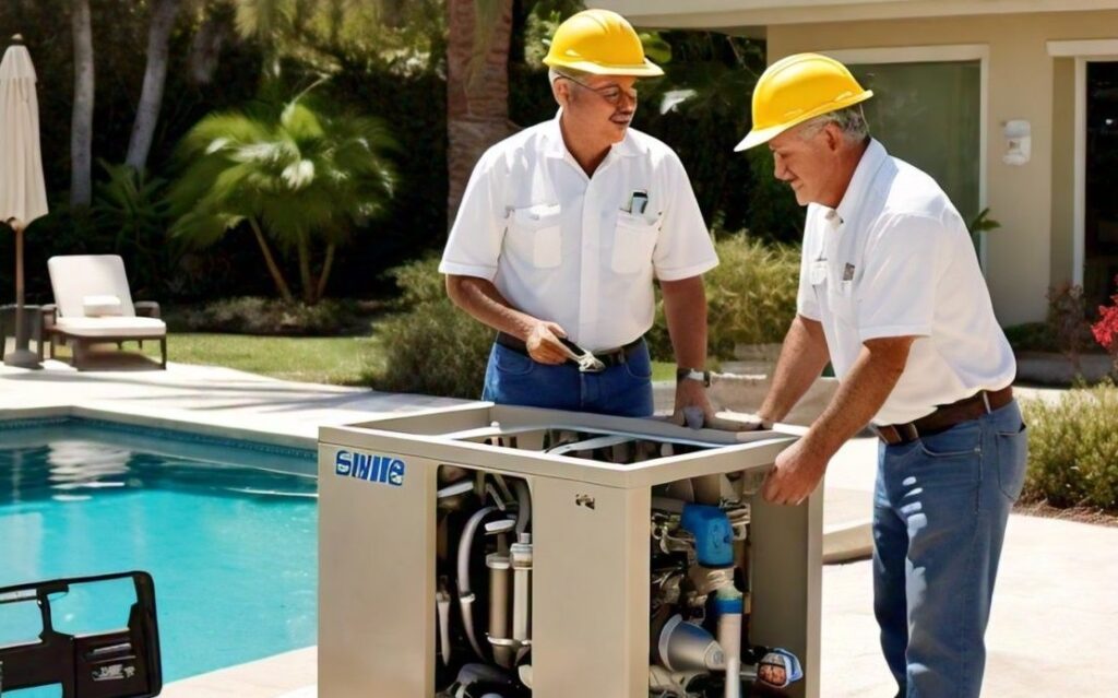 Two experts are doing Pool Pump Maintenance