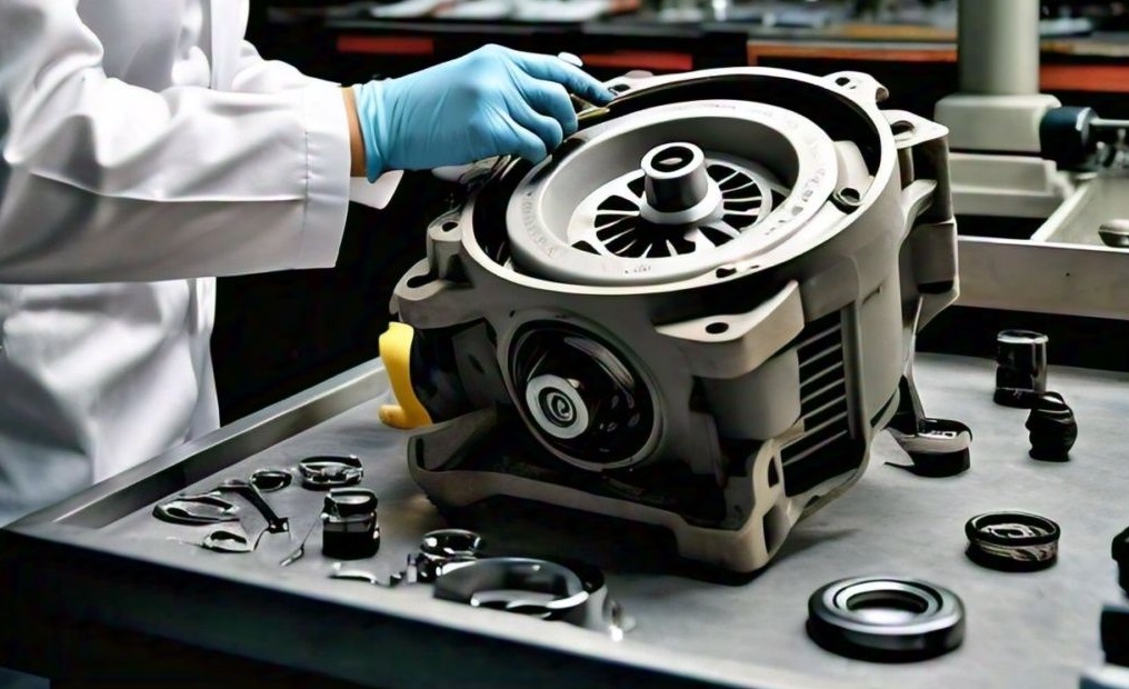 An expert illustrates the internal components of a pool pump with a focus on the impeller and bearings.