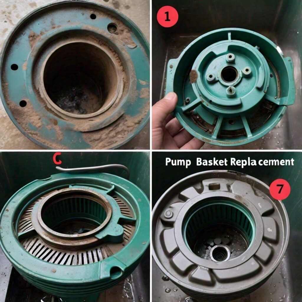 A step-by-step photo series showing the removal, cleaning, and reinstallation of the pump basket.