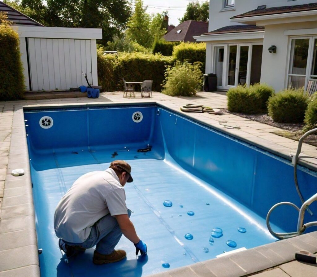 An inspector, is visually inspecting the pool's surface 