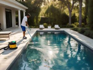 a sparkling clean swimming pool with clear blue water, surrounded by a well-maintained deck. In the foreground, a person is using a pool skimmer to remove leaves from the surface of the water. The background shows pool cleaning equipment, such as a vacuum and brushes, neatly arranged.